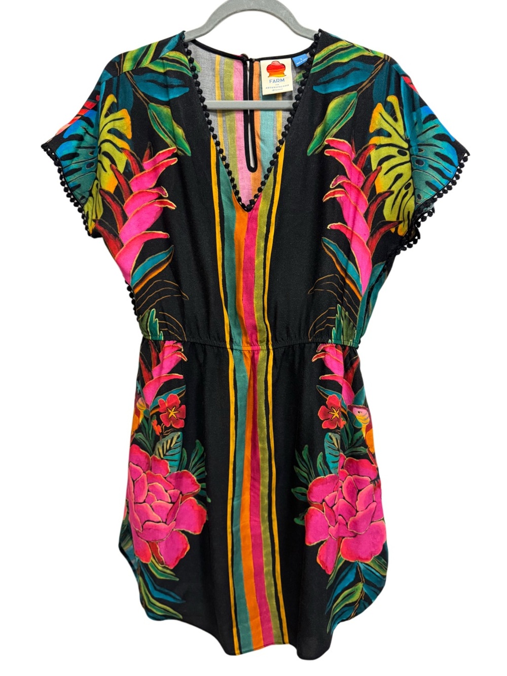 FARM Rio Tropical Floral Black Pom Pom Trim V-Neck Cover-Up Dress